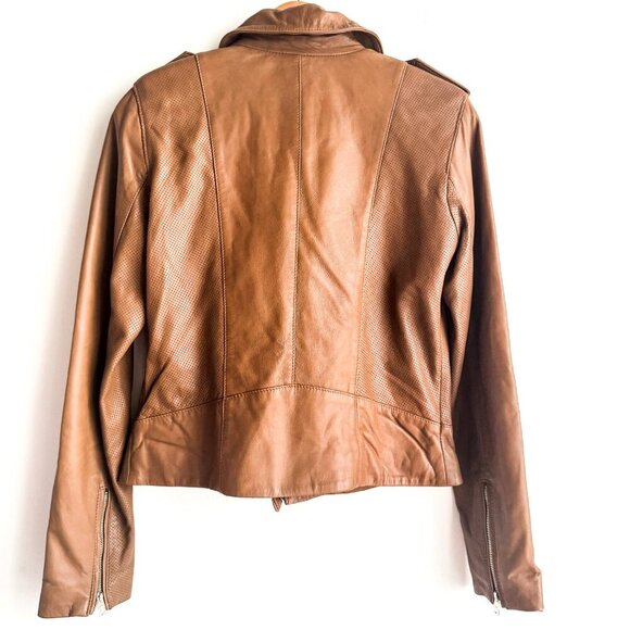 Cole Haan Camel Brown Beige Zipper Closure Lambskin Moto Jacket S - Picture 8 of 9
